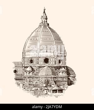Dôme de la cathédrale de Santa Maria del Fiore à Florence. Italie. Croquis à main rapide isolé sur fond beige. Illustration de Vecteur