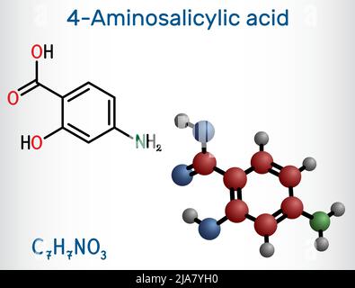 Acide 4-aminosalicylique, acide para-aminosalicylique ou molécule de pas. Il est antibiotique utilisé pour traiter la tuberculose. Formule chimique structurale et molécule Illustration de Vecteur