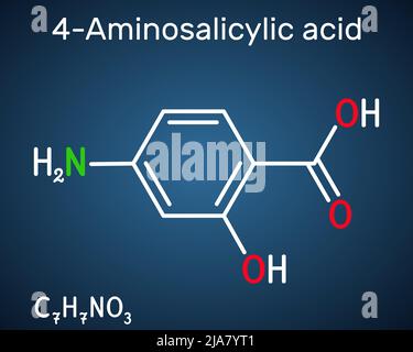 Acide 4-aminosalicylique, acide para-aminosalicylique ou molécule de pas. Il est antibiotique utilisé pour traiter la tuberculose. Formule chimique structurelle à l'obscurité Illustration de Vecteur