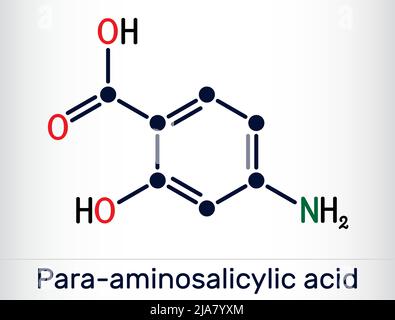 Acide 4-aminosalicylique, acide para-aminosalicylique ou molécule de pas. Il est antibiotique utilisé pour traiter la tuberculose. Formule chimique structurale et molécule Illustration de Vecteur