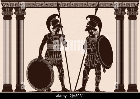 Deux anciens guerriers grecs avec des lances, des boucliers et des casques se tiennent dans le temple entre les colonnes. Illustration de Vecteur