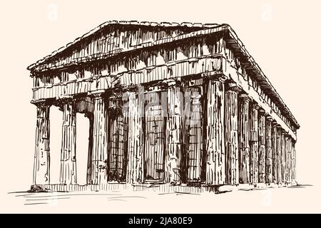 Temple en pierre en ruines pré-grec avec colonnes. Croquis à la main rapide sur un arrière-plan beige. Illustration de Vecteur