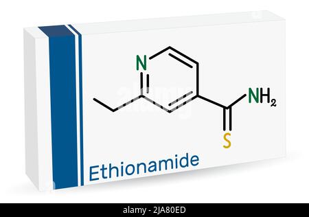 Molécule d'éthionamide. Il s'agit d'un agent antitubéloculaire, antibiotique, utilisé pour traiter la tuberculose. Formule chimique du squelette. Emballage en papier pour médicaments. Vecteur Illustration de Vecteur