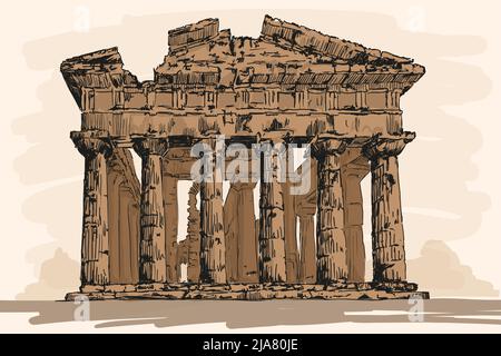 Temple en pierre en ruines pré-grec avec colonnes. Croquis à la main rapide sur un arrière-plan beige. Illustration de Vecteur