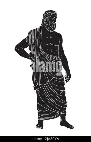 L'ancien dieu grec Zeus avec une barbe dans un cap se tient pieds nus. Illustration de Vecteur