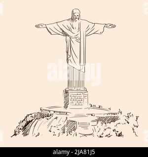 Une petite esquisse à la main d'une grande statue du Christ Rédempteur à Rio de Janeiro, au Brésil. Illustration de Vecteur