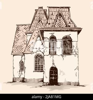 Dessinez à la main sur un arrière-plan beige. Ancienne maison rustique en pierre de style russe avec un toit en bois. Illustration de Vecteur