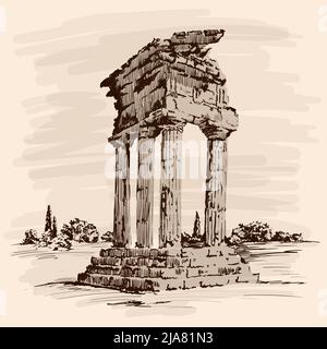 Ruines en pierre d'un ancien temple grec. Toit, colonnes et marches sur fond beige. Illustration de Vecteur