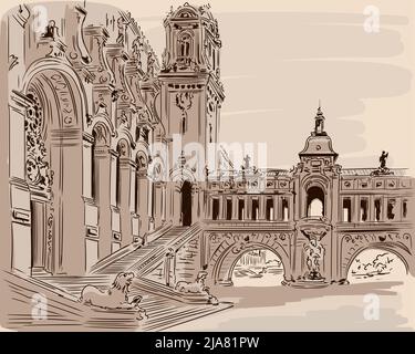Croquis à la main d'une façade de bâtiment dans le style rococo classique. Place du Palais avec arches et marches. Illustration de Vecteur