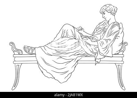 Une jeune femme grecque ancienne se trouve sur le lit avec un oreiller et mange des fruits de la cuvette isolée sur fond blanc. Illustration de Vecteur