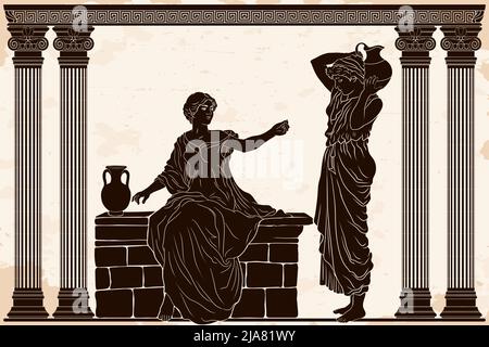 Deux anciennes femmes grecques en tuniques avec des cruches d'argile parlent dans un temple avec des colonnes. Illustration de Vecteur