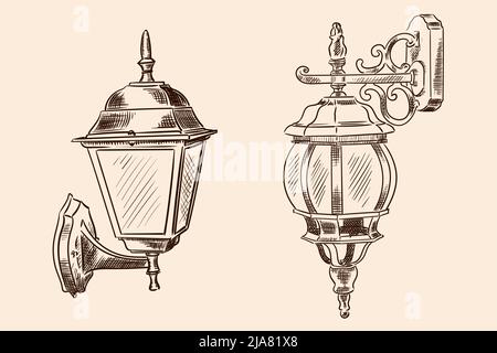 Applique murale suspendue de style classique pour l'éclairage de rue. Croquis fait à la main sur fond beige. Illustration de Vecteur