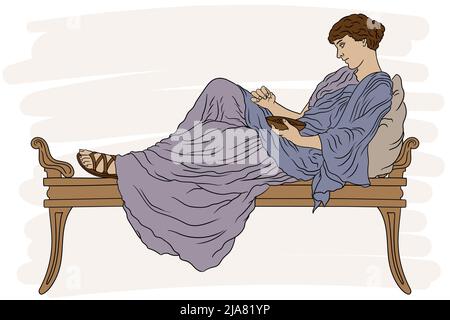 Une jeune femme grecque ancienne se trouve sur le lit avec un oreiller et mange des fruits du bol. Illustration de Vecteur