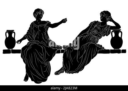 Deux jeunes filles grecques anciennes belles sœurs minces sont assises sur un parapet en pierre avec des cruches de vin et d'eau. Figures isolées sur fond blanc Illustration de Vecteur