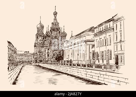 Rue en remblai de Saint-Pétersbourg avec vue sur le temple et les bâtiments dans le style classique. Croquis fait à la main sur fond beige. Illustration de Vecteur