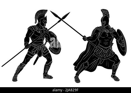 Un ancien guerrier grec et un légionnaire romain en armure et en casques se battent sur des lances avec des boucliers dans leurs mains. Illustration vectorielle isolée Illustration de Vecteur