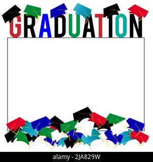 Fond de graduation avec assortiment de capuchons de graduation colorés entourant, texte graduation. Banque D'Images