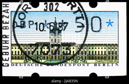 MOSCOU, RUSSIE - 14 MAI 2022 : le timbre-poste imprimé en Allemagne présente le château de Charlottenburg, série ATM Labels, vers 1987 Banque D'Images