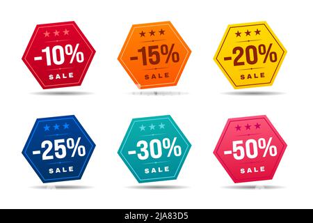 Solde badges de réduction jeu de forme hexagonale et de différentes couleurs isolé réaliste illustration vectorielle Illustration de Vecteur