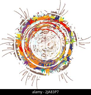 Cadre coloré avec cercles et motifs linéaires sur blanc. Éclats de couleur et entrelacement de lignes - un symbole naturel abstrait, semblable à la vague Banque D'Images