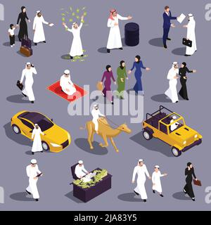 Musulmans arabes saudi moderne isométrique peuple ensemble d'icônes de richesse isolées avec des personnages de personnes riches illustration vectorielle Illustration de Vecteur