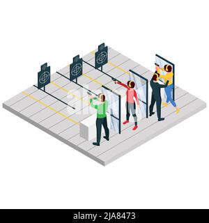 Plage de prise de vue composition isométrique prise de vue complexe avec trois tireurs et une illustration vectorielle enseignante Illustration de Vecteur