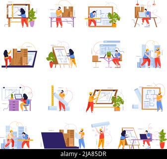 Ensemble d'icônes d'architecte femmes et hommes architectes travaillant derrière leur bureau illustration vectorielle Illustration de Vecteur