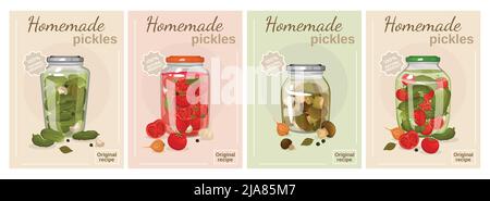 Cornichons maison affiche ensemble de champignons marinés cornichons concombres et tomates dans des pots en verre avec des bouchons à vis illustration vectorielle Illustration de Vecteur