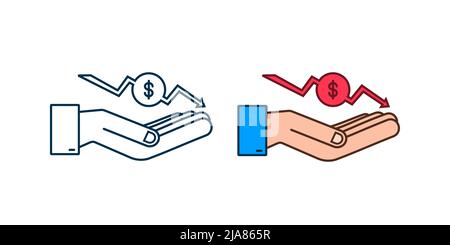 Perte d'argent entre les mains.Espèces avec flèche vers le bas graphique des actions, concept de crise financière, chute du marché, faillite.Illustration du stock vectoriel. Illustration de Vecteur