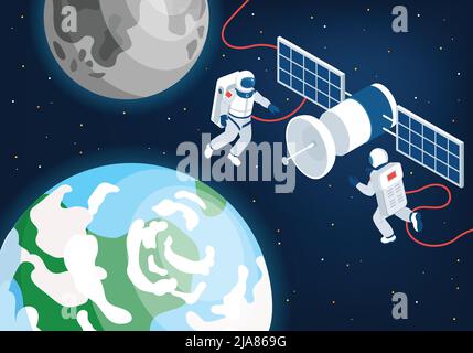 Exploration spatiale arrière-plan isométrique avec deux astronautes volant dans un cosmos extérieur près de l'illustration vectorielle de la station internationale Illustration de Vecteur