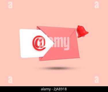 E-mail et message avec l'icône d'alerte de notification 3D. Nouvelle notification par e-mail. Nouvelle notification de message. Lettre dans l'enveloppe ouverte. 3D icône en forme de cloche Banque D'Images