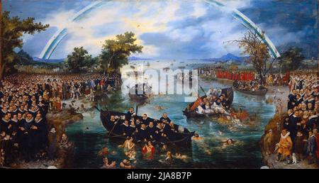 Pêche des âmes : allégorie de la jalousie entre les différentes confessions religieuses pendant la Trêve des douze ans (1609-1621) entre la République néerlandaise et l'Espagne. Le groupe de gens du côté gauche sont protestants avec leurs patrons. Le bateau à rames au premier plan contient des 'pêcheurss' protestants avec des filets de pêche marqués avec les mots Fides, Spes et Charitas (foi, espoir et Amour). Le groupe de personnes de droite sont catholiques avec leurs patrons. Banque D'Images