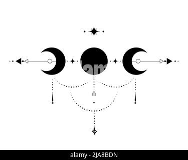 Triple Lune, géométrie sacrée, flèches mystiques et croissant de lune, lignes pointillées en style boho, icône wiccan, signe magique mystique ésotérique alchimie. Esprit Illustration de Vecteur