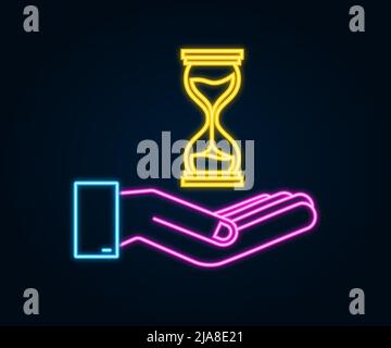 HourGlass icône néon dans les mains. Sablier avec minuterie en verre comme compte à rebours. Illustration du stock vectoriel. Illustration de Vecteur