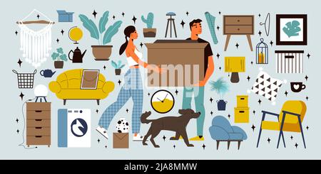 Famille mobile grand ensemble d'éléments intérieurs de maison et couple boîte de maintien avec articles ménagers illustration vectorielle plate Illustration de Vecteur