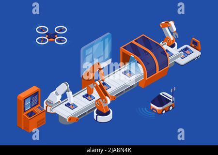 Technologie industrielle intelligente concept isométrique avec convoyeur et drones symboles illustration vectorielle Illustration de Vecteur