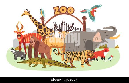 Composition couleur du zoo divers grands animaux debout devant l'illustration vectorielle des portes du zoo Illustration de Vecteur