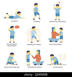 Signes d'autisme ensemble plat de hystériques tiptoeing ignorant danger retard de la parole jouant seul évitant le contact avec les yeux rejetant les symptômes de câliner vét isolé Illustration de Vecteur