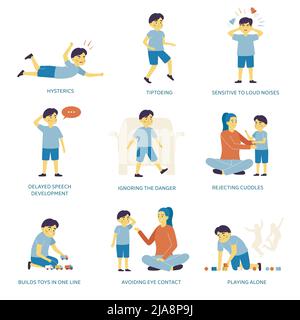 Des signes d'autisme plat ensemble avec l'enfant jouant seul tiptoeing évitant le contact des yeux allant dans les hystériques et d'autres symptômes isolés illustration de vecteur Illustration de Vecteur