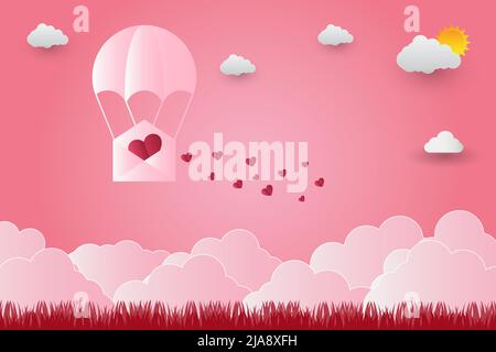 Ballons de Saint-Valentin en forme de cœur survolant l'arrière-plan de la vue de l'herbe, style d'art papier. Illustrateur vectoriel Illustration de Vecteur