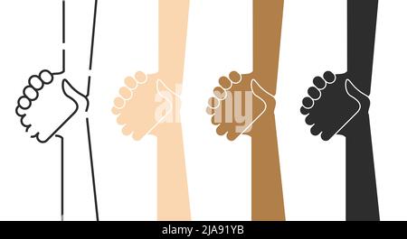 Donner un coup de main. Contour et différentes couleurs de peau. Concept d'enregistrement. Illustration plate isolée sur fond blanc. Banque D'Images