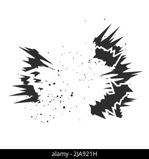 Explosion de dessins animés avec effet de particules volantes. Silhouette d'explosion radiale. Illustration plate isolée sur fond blanc. Banque D'Images