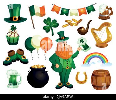 Saint patricks ensemble de jour de décorations isolées icônes de boissons irlandais symboles nationaux et drôle illustration de scénario de costume Illustration de Vecteur