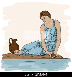 Une jeune femme grecque ancienne est assise sur la rive de la rivière avec un bol et recueille l'eau dans une carafe. Illustration de Vecteur