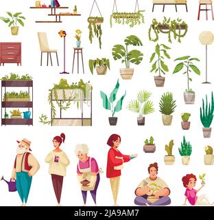 Ensemble de plantes de maison poussant dans des pots ou des jardinières meubles et les gens s'occupant de plantes d'intérieur illustration vectorielle isolée Illustration de Vecteur