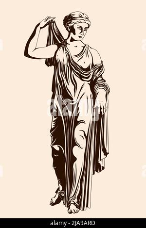 Une ancienne femme grecque se tient et met sur une robe. Figure isolée sur fond beige. Illustration de Vecteur