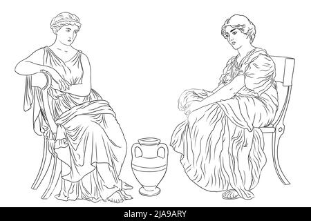 Deux ancienne femme grecque est assise sur une chaise près d'une carafe de vin. Figure isolée sur fond blanc. Illustration de Vecteur