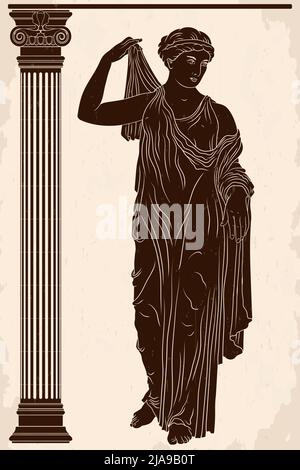 Une ancienne femme grecque se tient et met sur une robe près de la colonne. Illustration de Vecteur