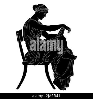 Une ancienne femme grecque est assise sur une chaise tenant un manuscrit dans ses mains et lit. Illustration de Vecteur