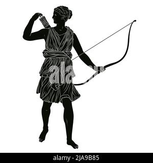 L'ancienne déesse grecque de la chasse Artemis avec un arc et une flèche dans ses mains. Illustration de Vecteur